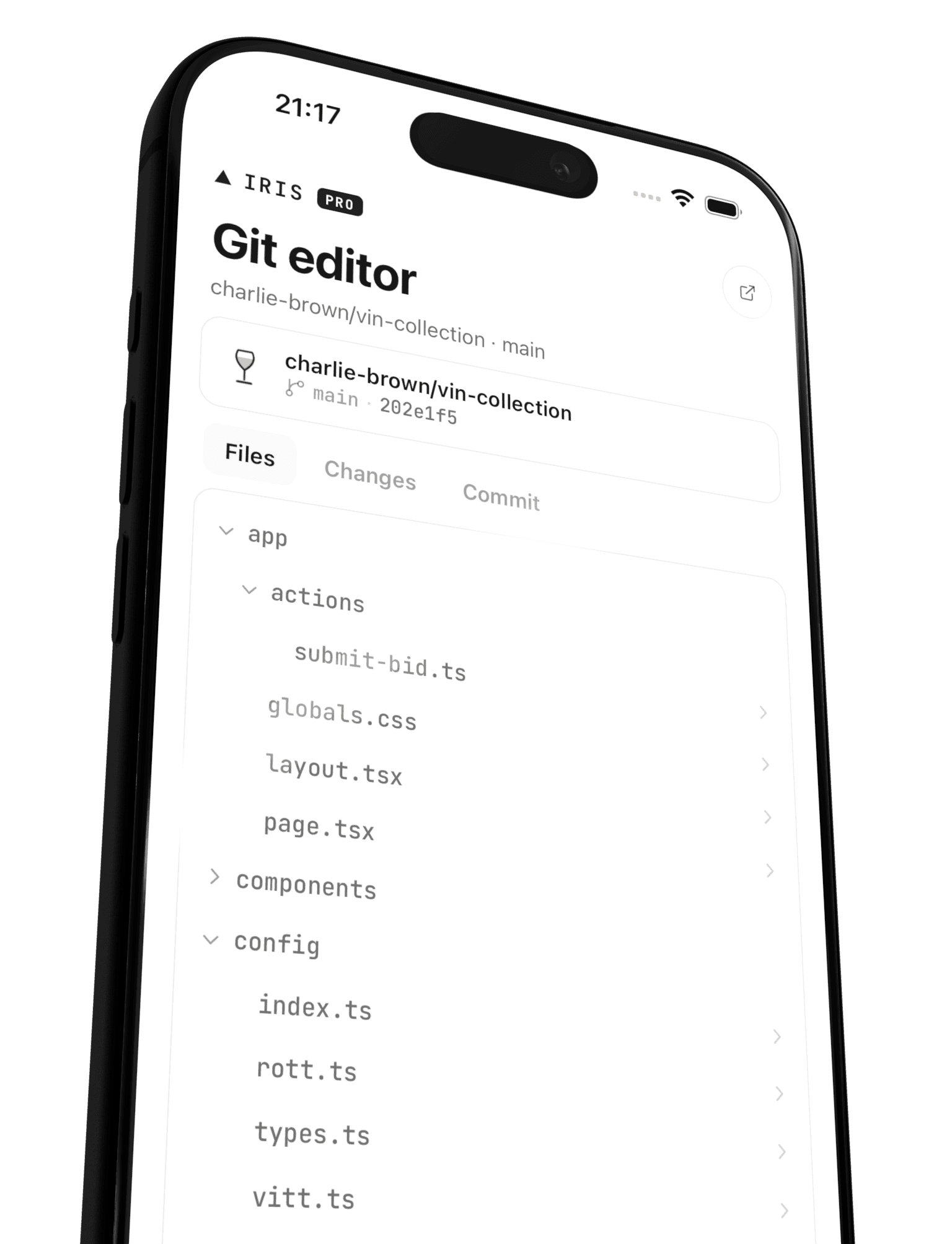 Iris on iPhone — the git editor patching a file in a GitHub repo straight from the device.