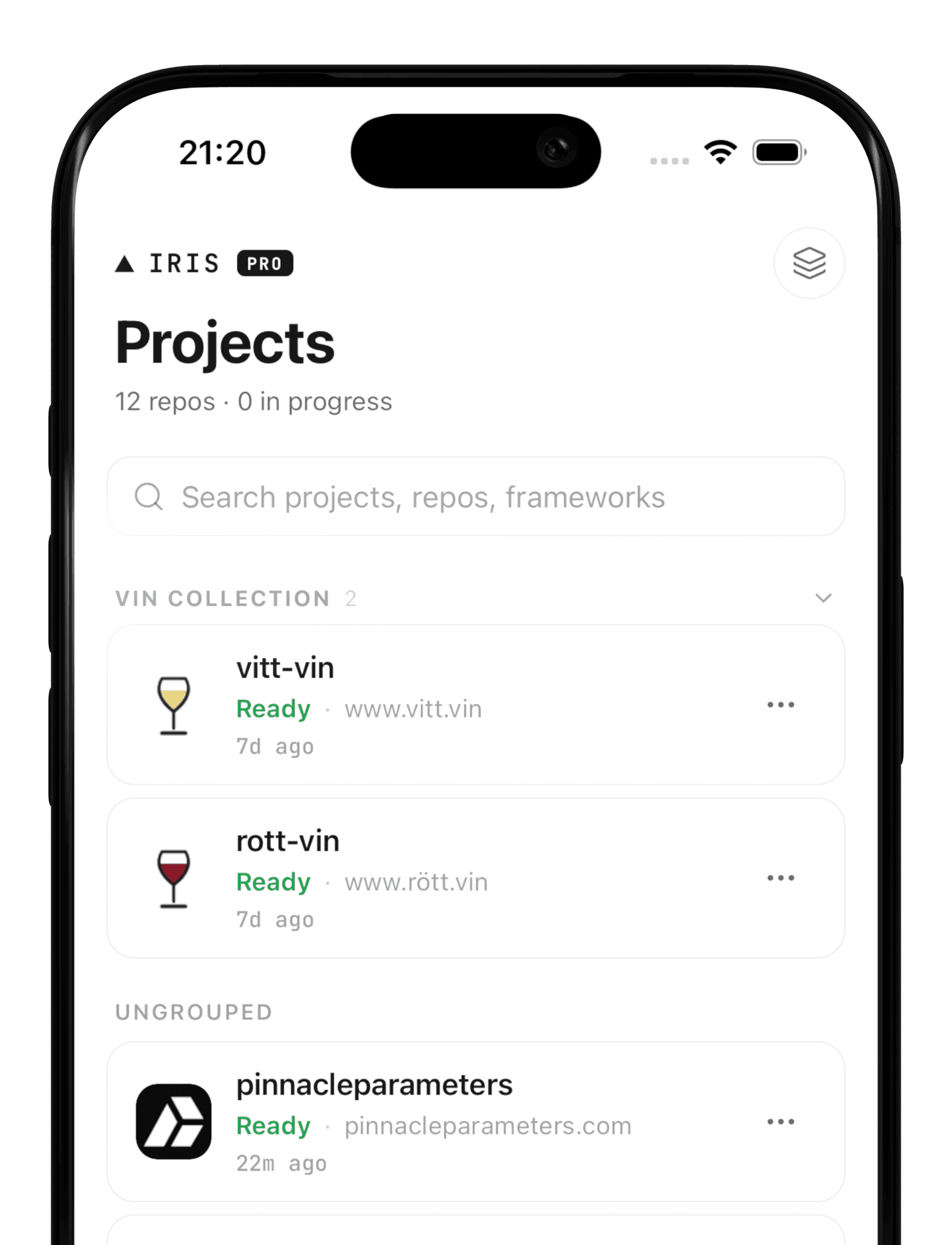 Iris on iPhone — the Projects tab listing every Vercel project with live deploy statuses.